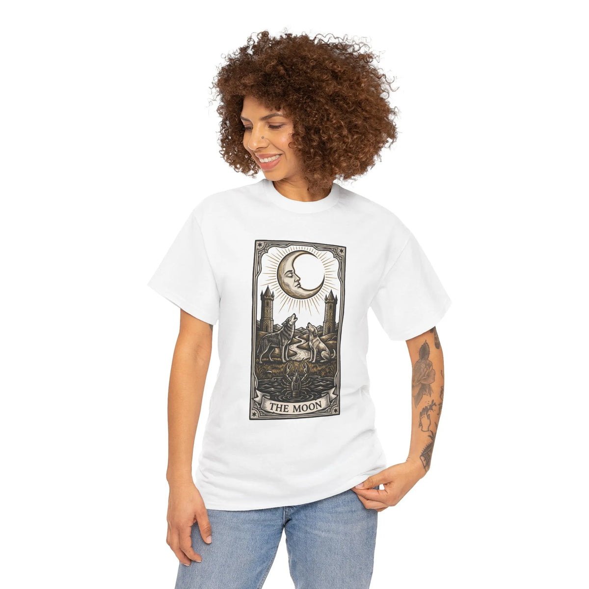 Moonlight Wolves Tarot Graphic T-Shirt - Heavy Cotton Classic Fit Crewneck - Unisex White