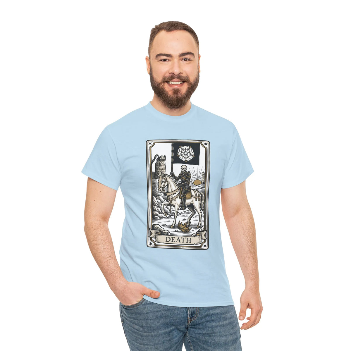 Death Tarot Card Knight Graphic T-Shirt - Heavyweight 100% Cotton Classic Fit Tee - Unisex White