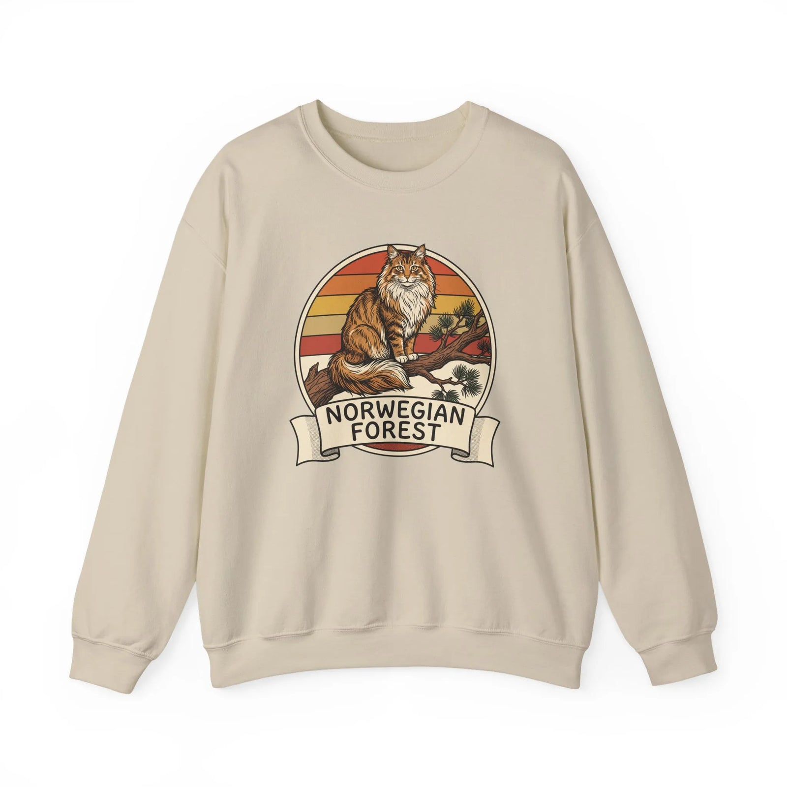 Norwegian Forest Cat Retro Sunset Sweatshirt - Heavy Blend Fleece Crewneck - Unisex White