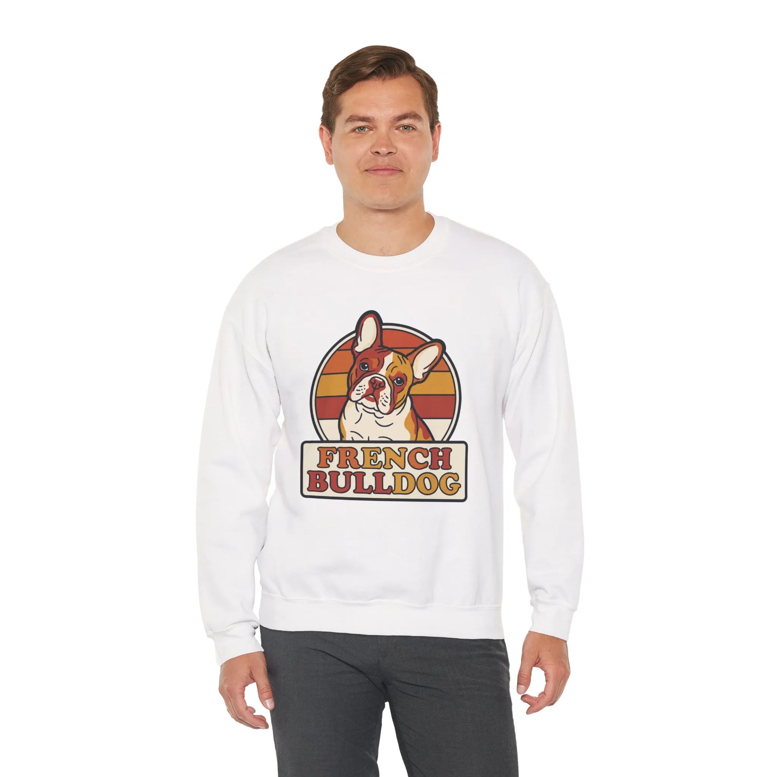 French Bulldog Retro Sunset Sweatshirt - Heavy Blend Classic Fit Crewneck - Unisex White