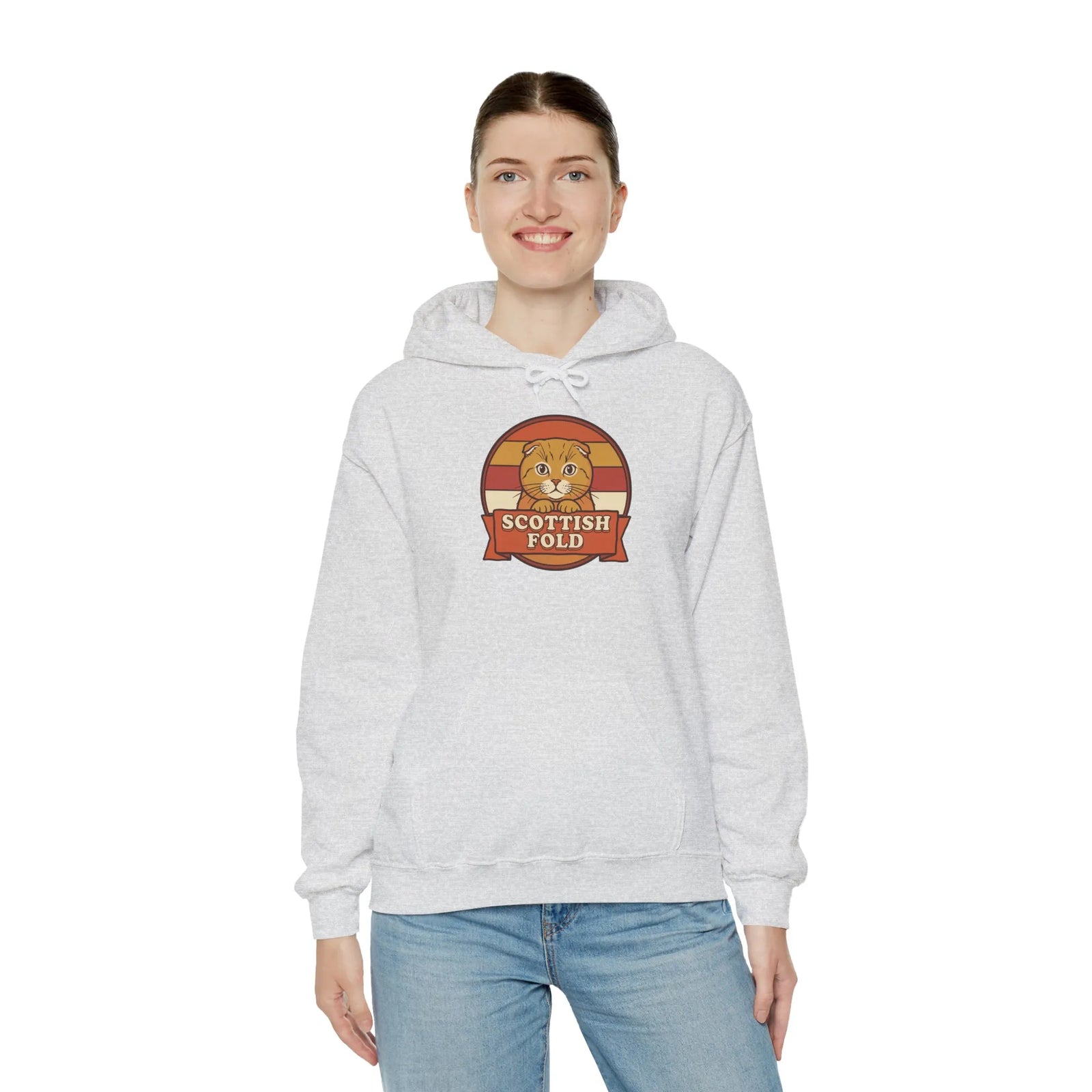 Scottish Fold Retro Sunset Hoodie - Heavy Blend Cotton-Poly Pullover - Unisex White