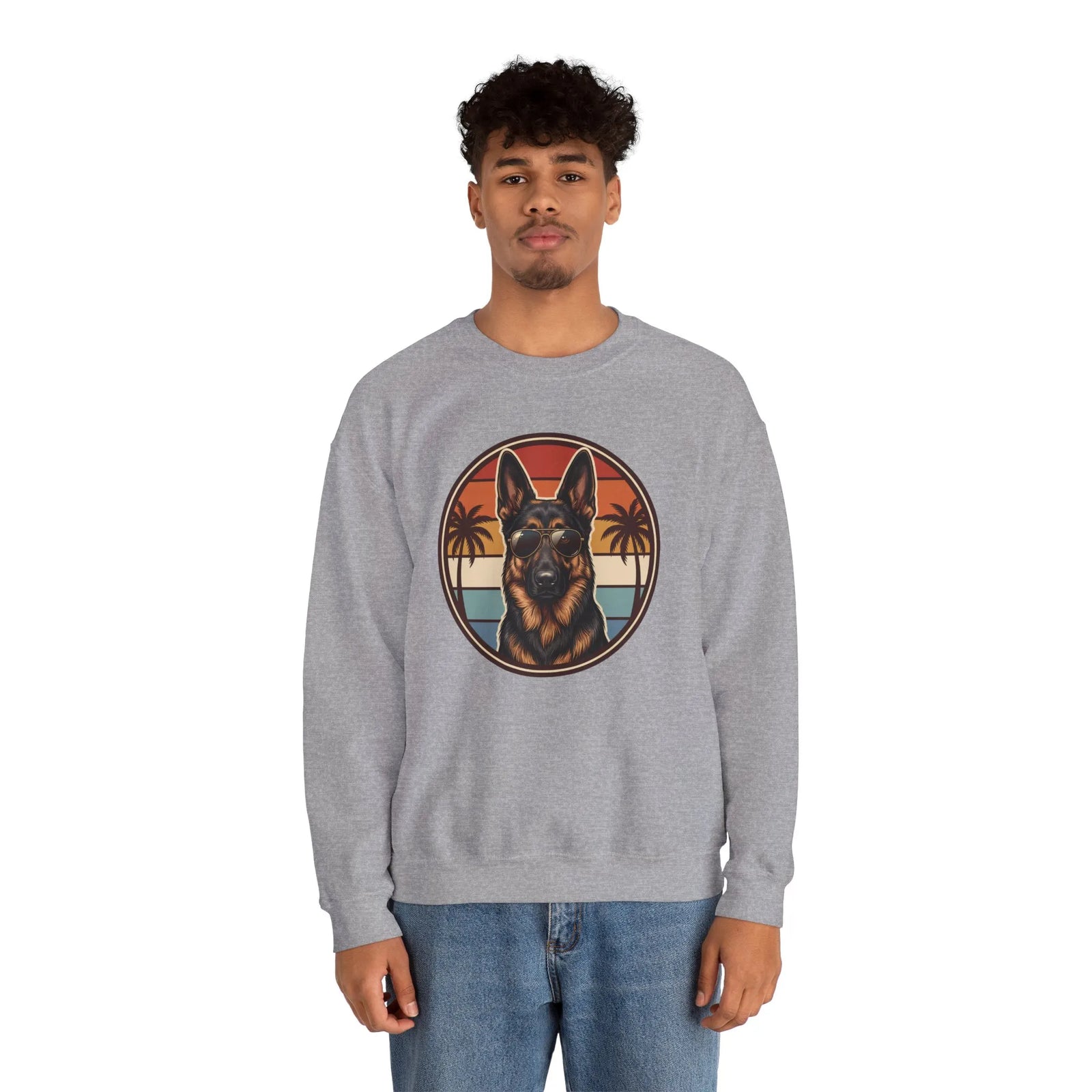 German Shepherd 70s Sunset Aviators Sweatshirt - Heavy Blend Cotton-Poly Crewneck - Unisex White