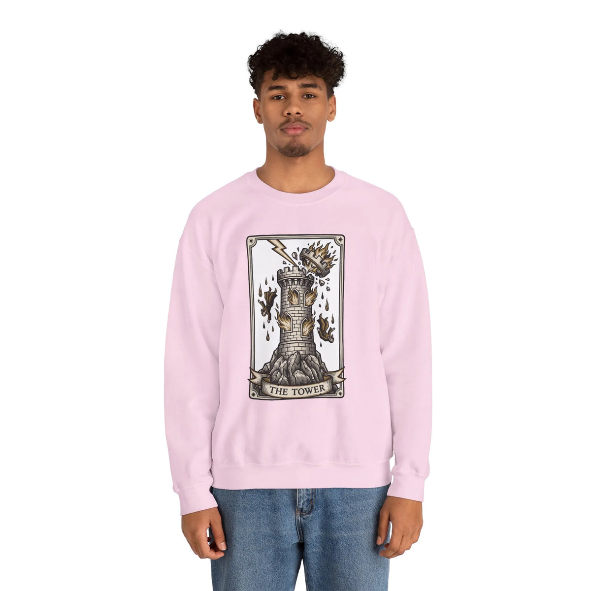 The Tower Tarot Card Sweatshirt - Heavy Blend Fleece Crewneck - Unisex White