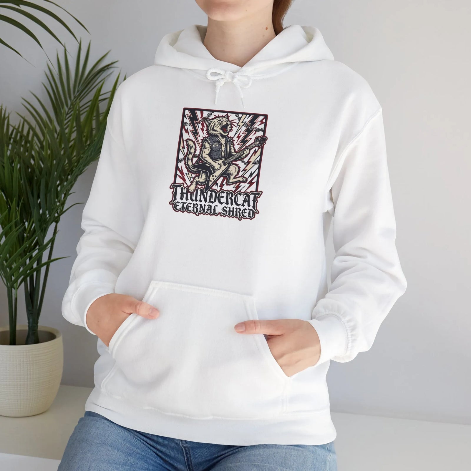 Guitar Solo Heavy Metal Rocker Cats Hoodie - Soft Cotton Blend Pullover - Unisex White
