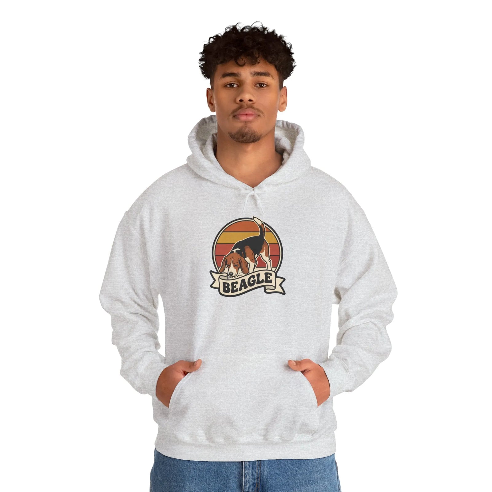 Retro Beagle Sunset Hoodie - Soft Heavy Blend Fleece Pullover - Unisex Ash