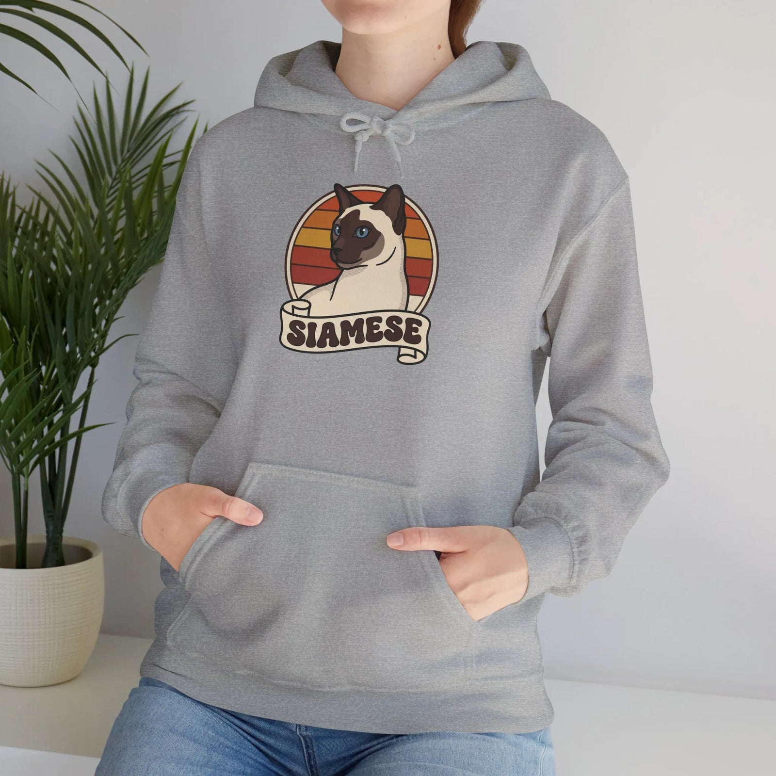 Siamese Cat Retro 70s Sunset Graphic Hoodie - Cozy Cotton Poly Blend Pullover - Unisex White