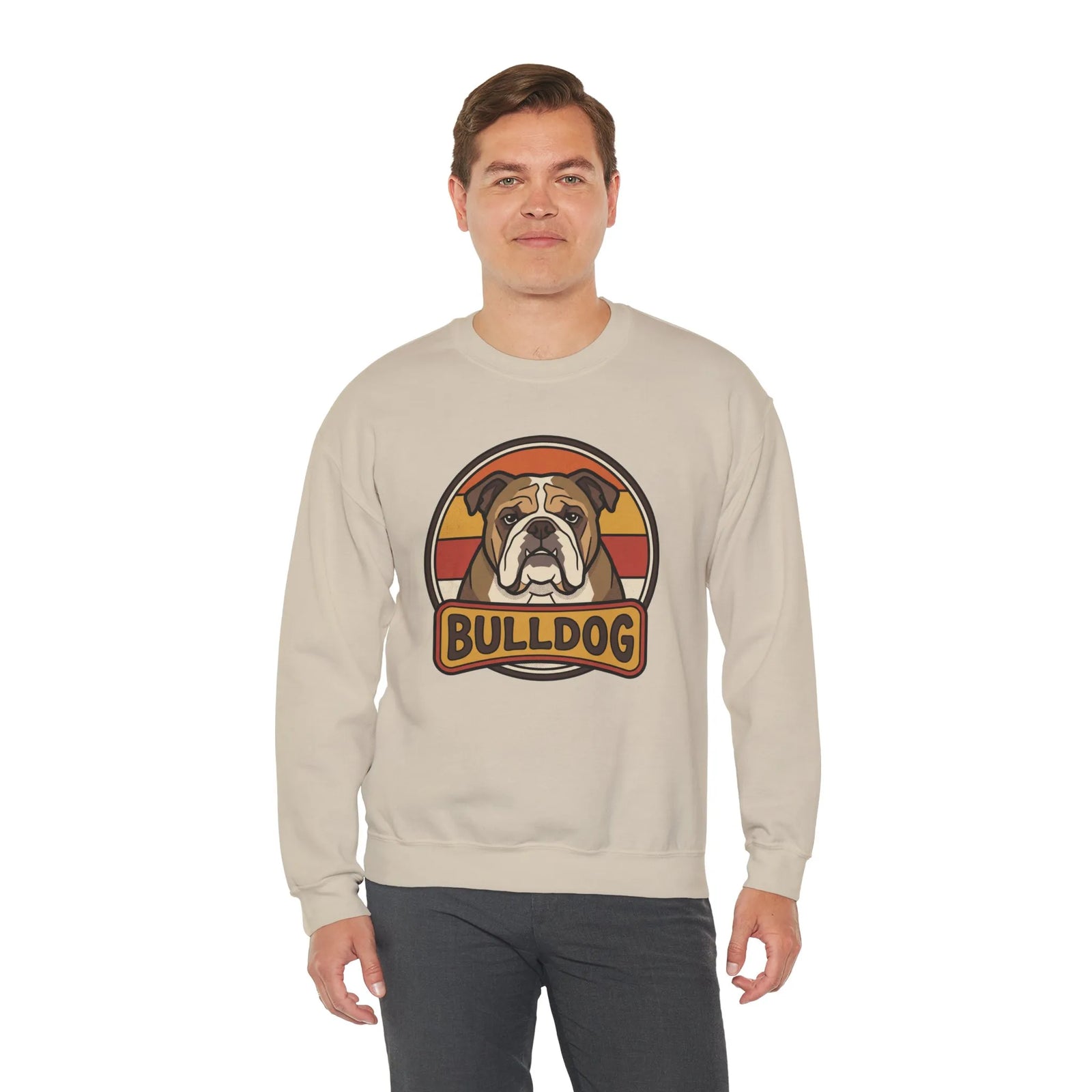 Retro 70s Sunset Bulldog Sweatshirt - Heavy Blend Cotton-Poly Crewneck - Unisex White