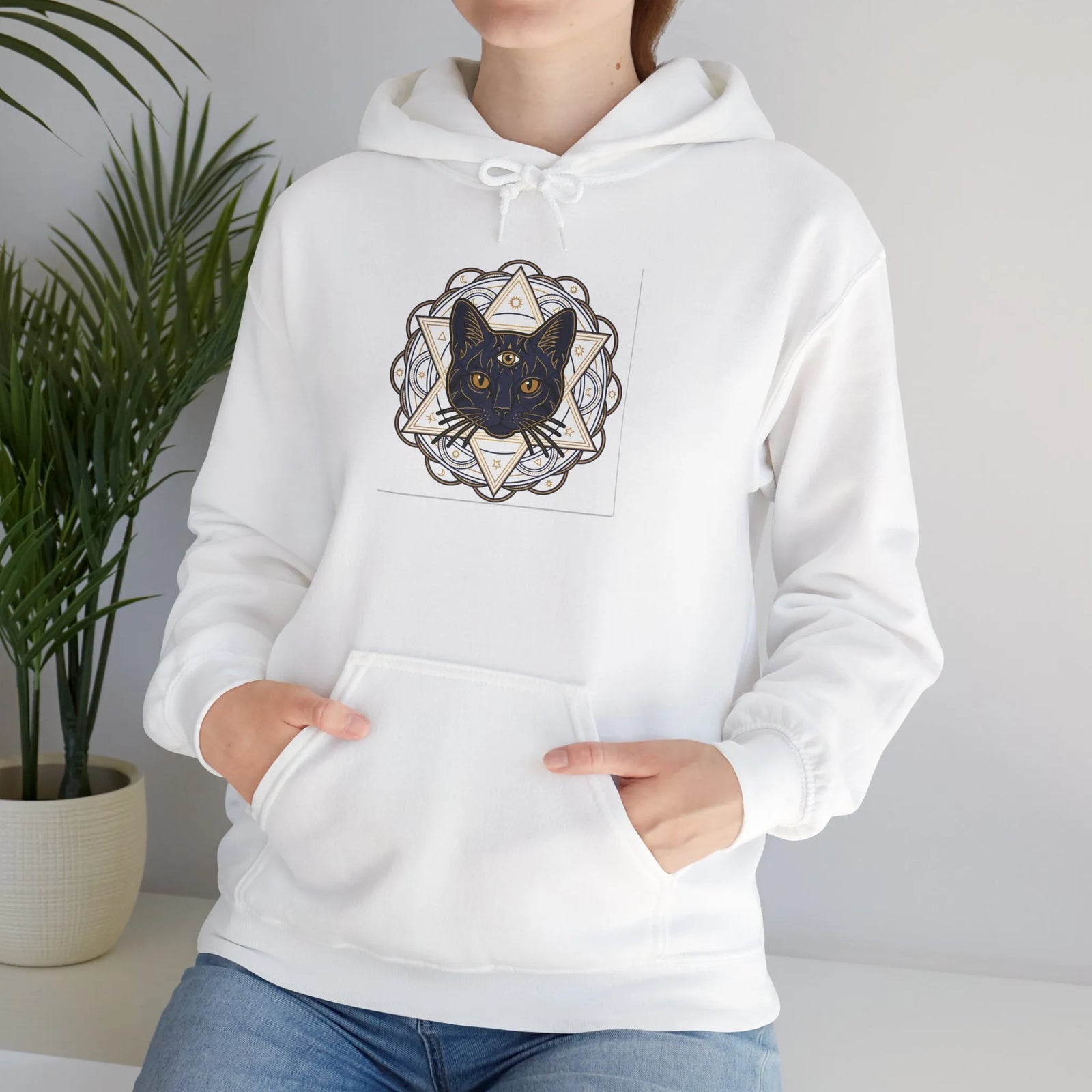 Third Eye Sacred Geometry Alchemist Cat Hoodie - Heavy Blend Fleece Pullover - Unisex White