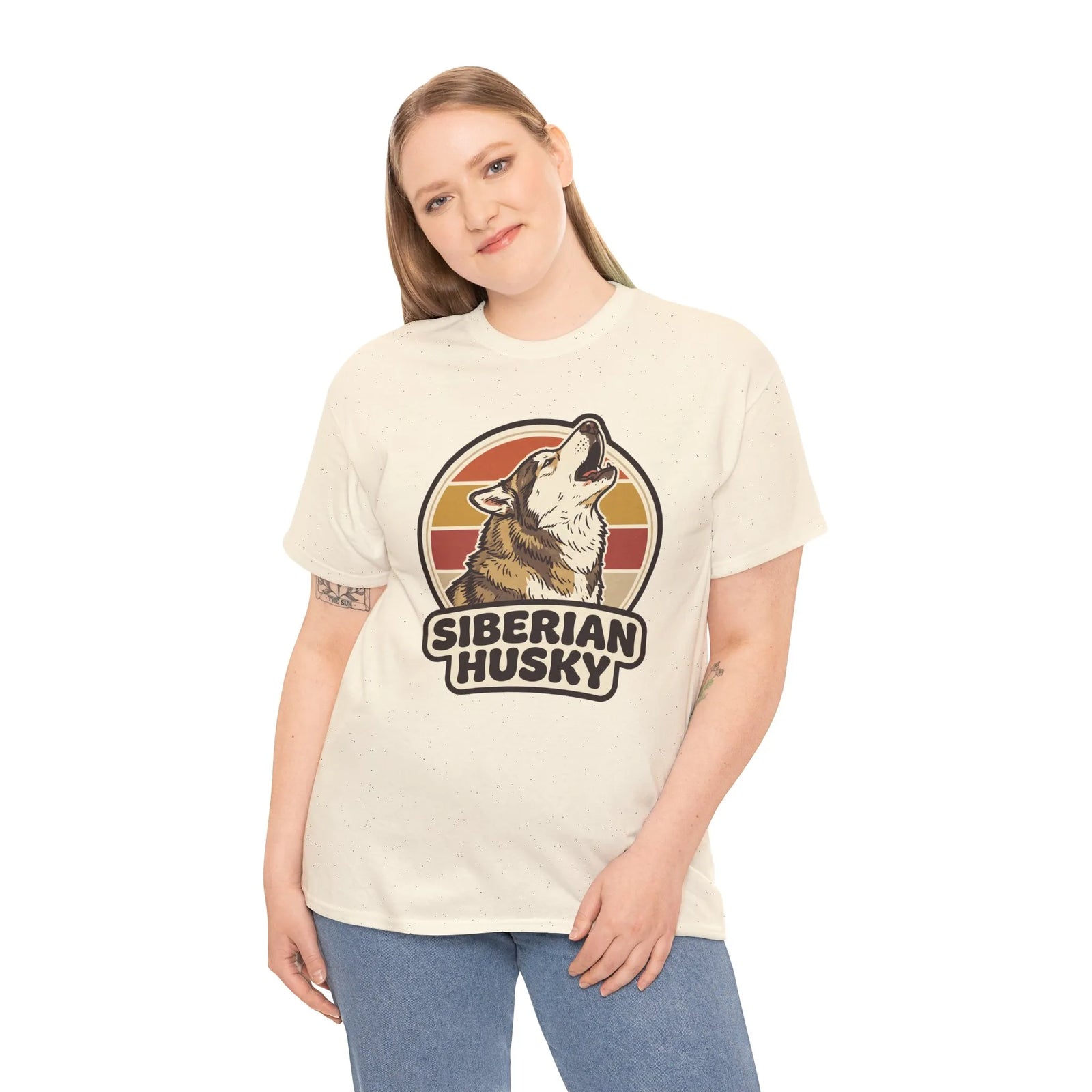 Siberian Husky Retro Sunset T-Shirt - Heavy Cotton Classic Fit Tee - Unisex White
