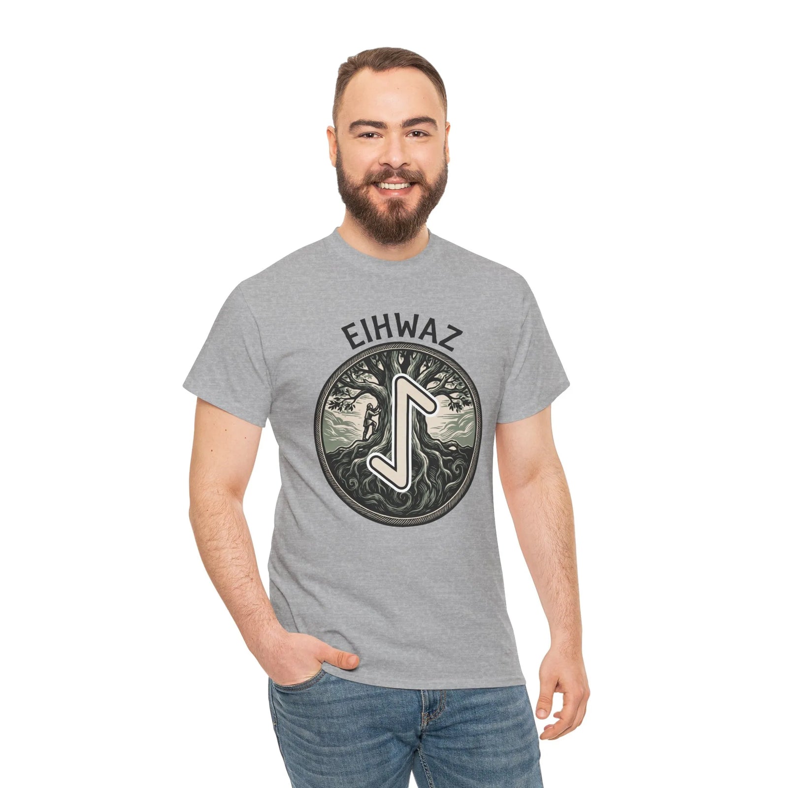 Eihwaz Yew World Tree Rune T-Shirt - Heavyweight 100% Cotton Classic Fit - Unisex White