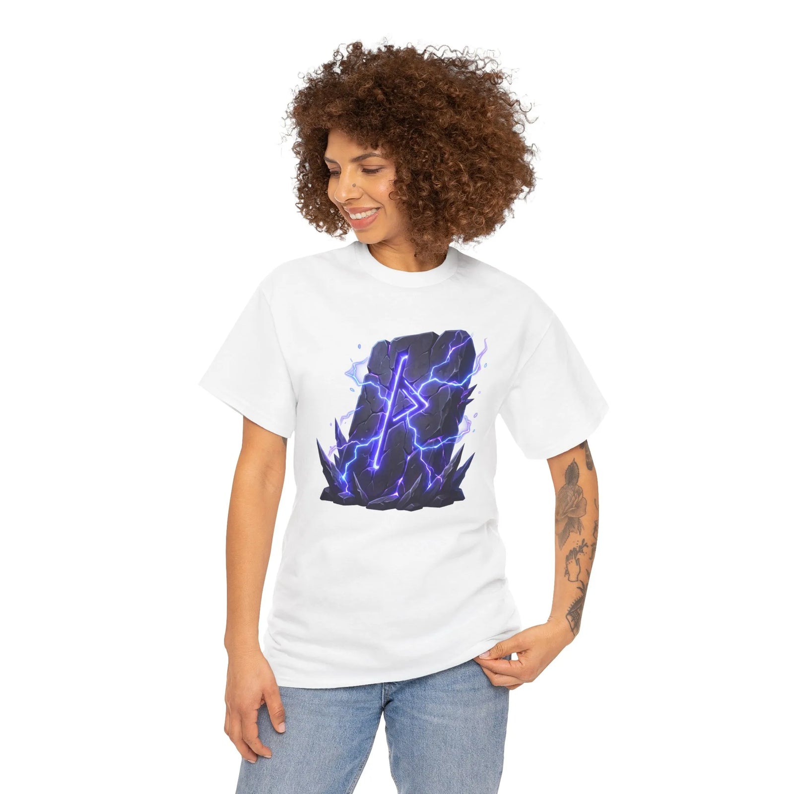 Thurisaz Rune Lightning Graphic T-Shirt - Heavy Cotton Classic Fit Tee - Unisex White