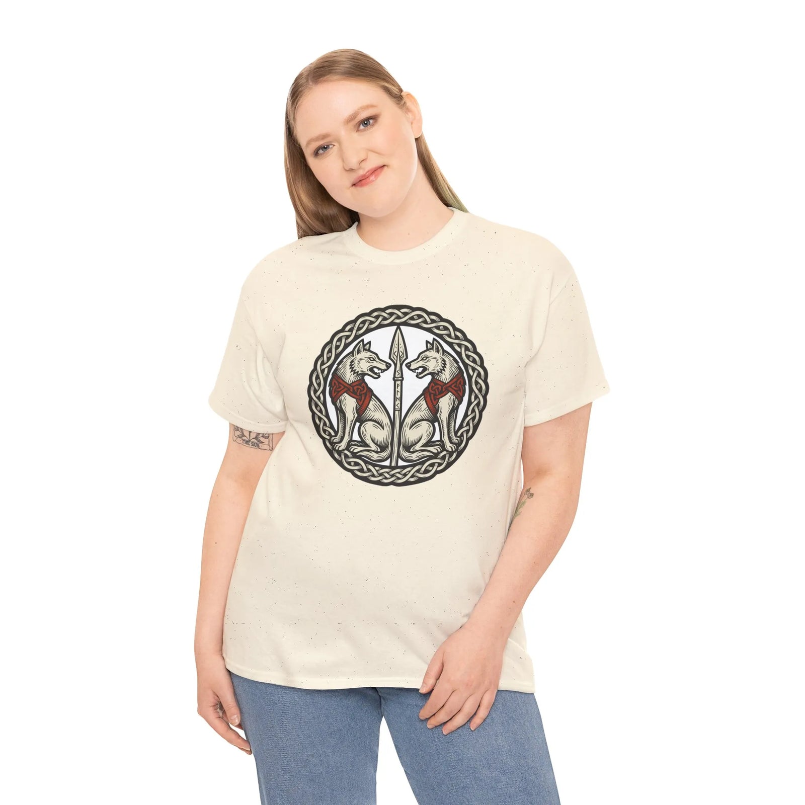 Geri and Freki Odin's Wolves Woodcut T-Shirt - Heavy Cotton Classic Fit Tee - Unisex White