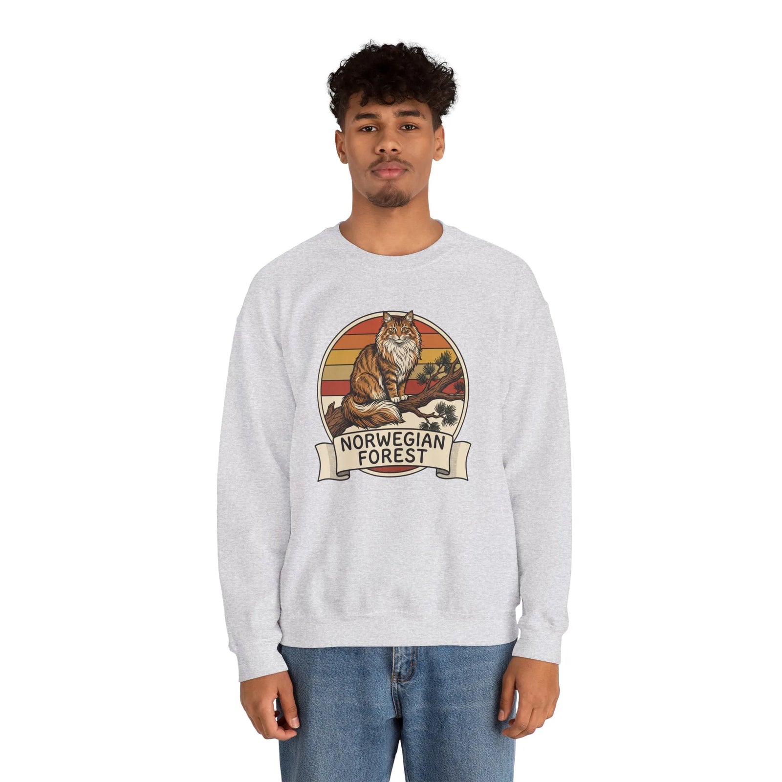 Norwegian Forest Cat Retro Sunset Sweatshirt - Heavy Blend Fleece Crewneck - Unisex White