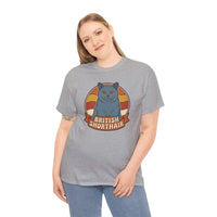 British Shorthair Retro Sunset T-Shirt - Heavyweight Cotton Classic Tee - Unisex White