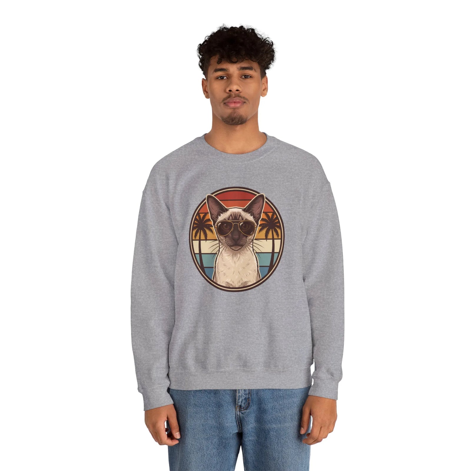 Siamese Cat 70s Sunset Aviator Sweatshirt - Heavy Blend Cotton Blend Crewneck - Unisex White