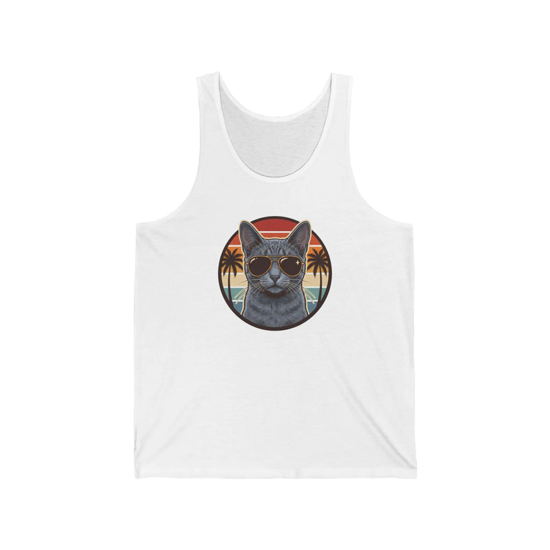 Russian Blue Cool Cat Aviators Tank Top - Lightweight Jersey Retail Fit - Unisex White