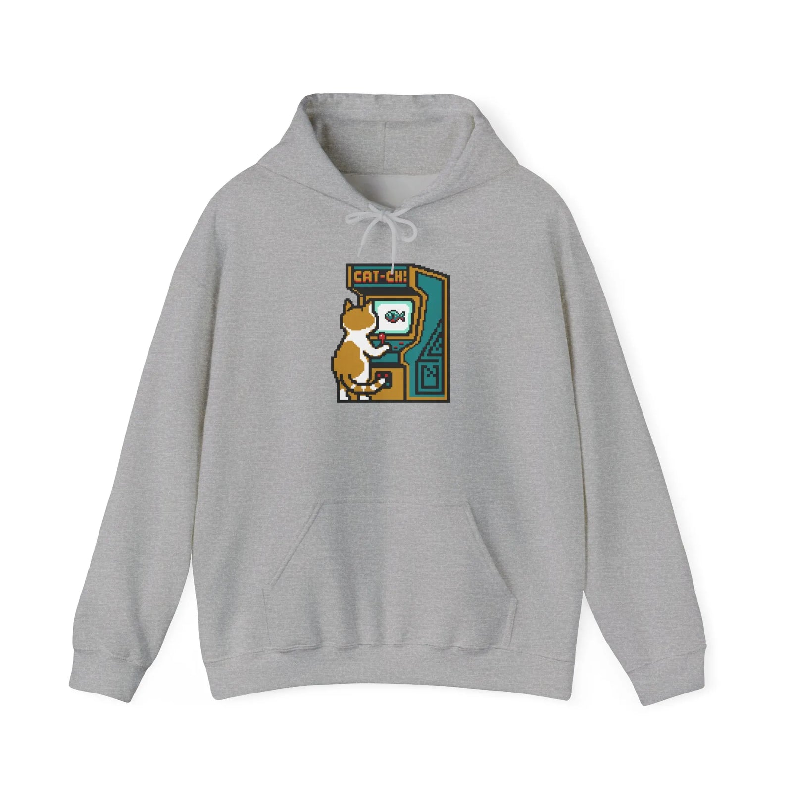 Arcade Gaming Pixel Cat Hoodie - Classic Fit Cotton Blend Pullover - Unisex White