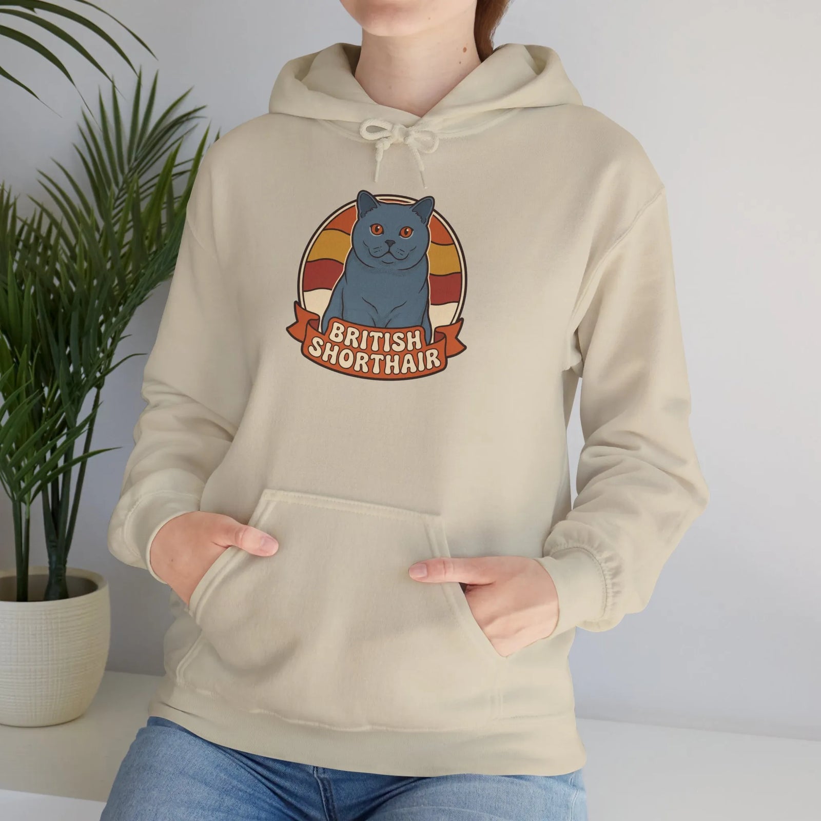 British Shorthair Retro Sunset Hoodie - Cozy Cotton Blend Pullover - Unisex White
