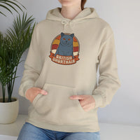 British Shorthair Retro Sunset Hoodie - Cozy Cotton Blend Pullover - Unisex White