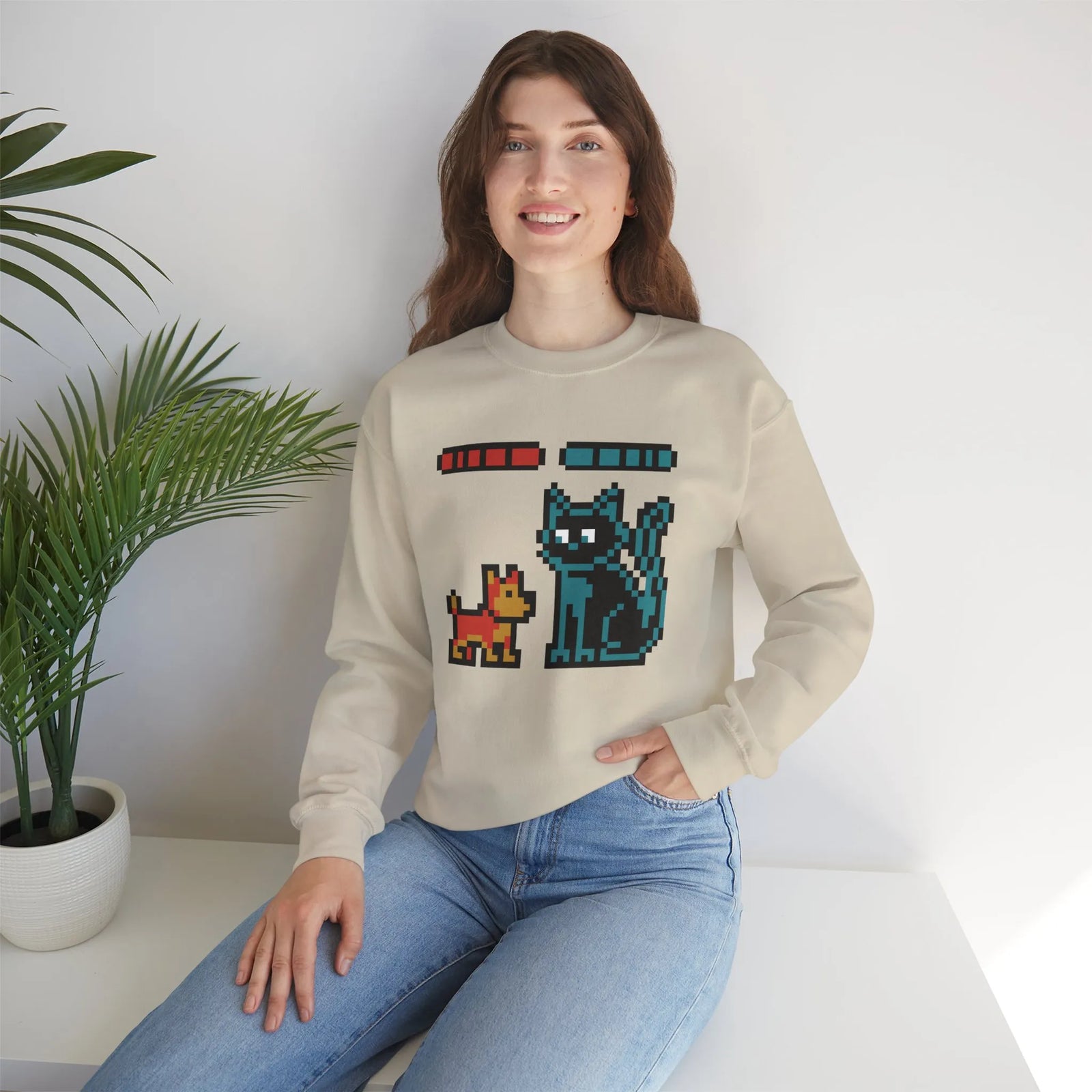 Pixel Gaming Dogs Boss Fight Sweatshirt - Heavy Blend Fleece Crewneck - Unisex White