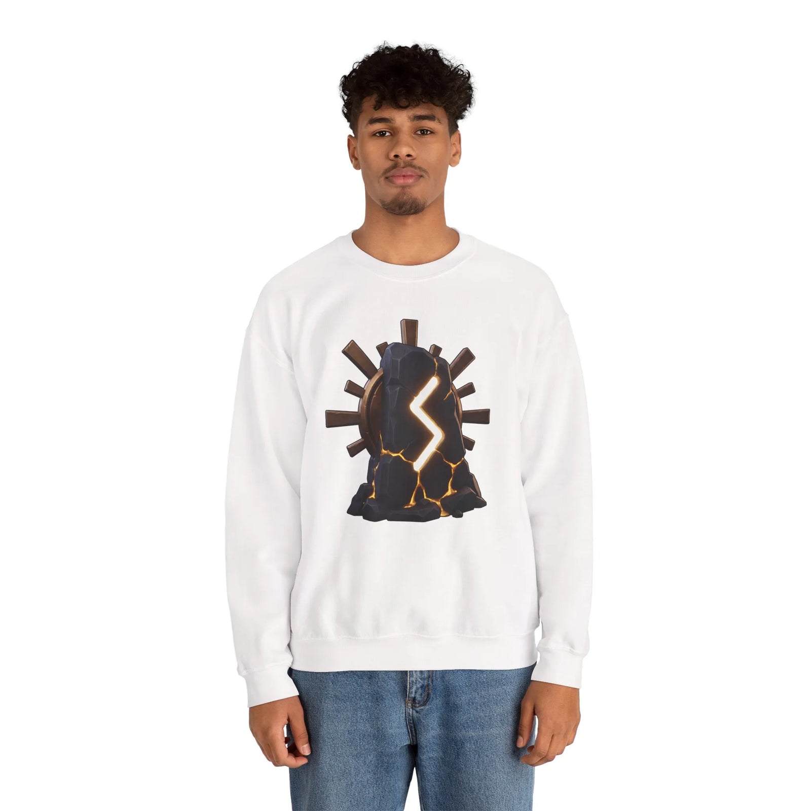 Sowulo Rune Sun Graphic Sweatshirt - Classic Fit Fleece Crewneck - Unisex White