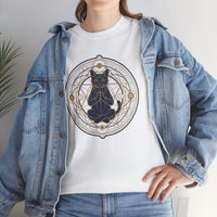 Meditating Cat Sacred Geometry Alchemist T-Shirt - Heavy Cotton Classic Fit Tee - Unisex White