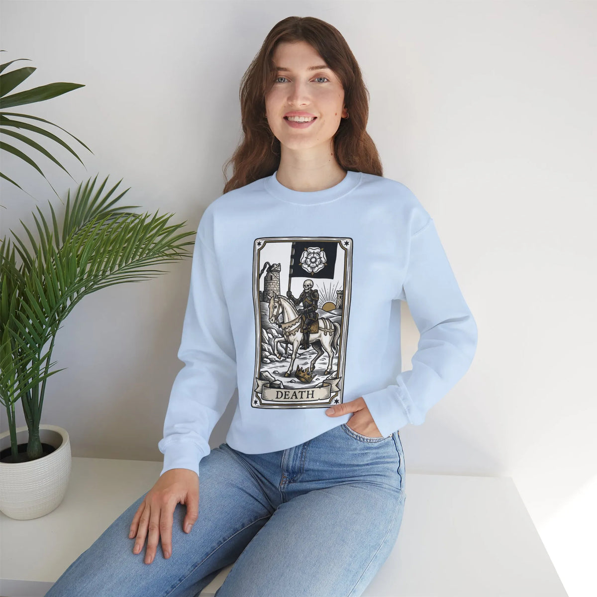 Tarot Death Card Graphic Sweatshirt - Heavy Blend Classic Fit Crewneck - Unisex White