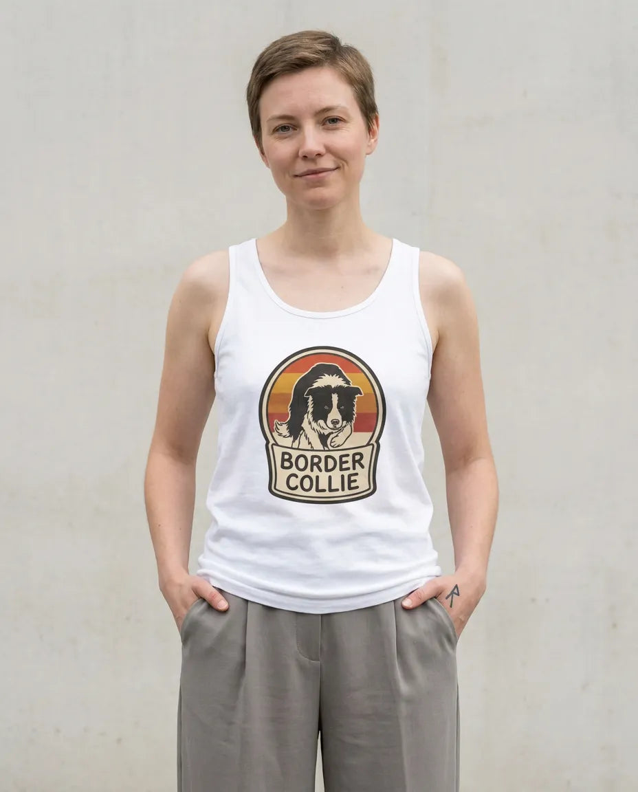 Border Collie Retro 70s Sunset Tank Top - Soft Lightweight Cotton Jersey - Unisex White