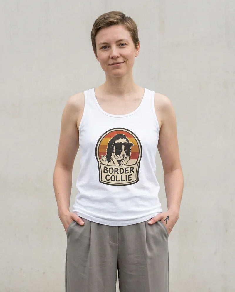 Border Collie Retro 70s Sunset Tank Top - Soft Lightweight Cotton Jersey - Unisex White