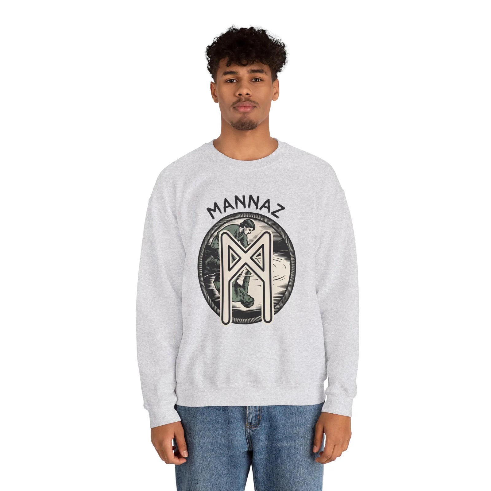 Mannaz Humanity Rune Graphic Sweatshirt - Heavy Blend Fleece Crewneck - Unisex White