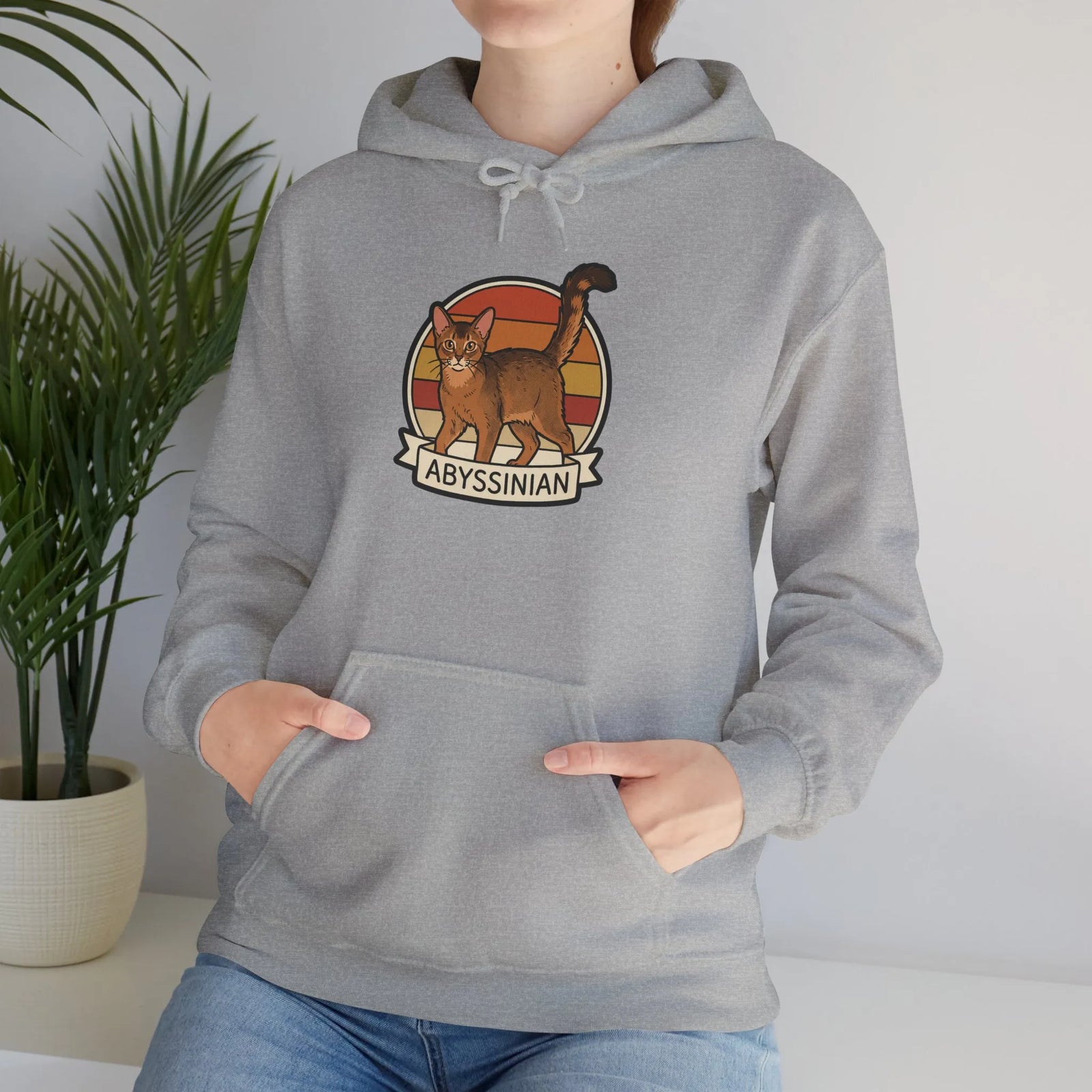 Abyssinian Cat Retro Sunset Hoodie - Heavy Blend Fleece Pullover - Unisex White