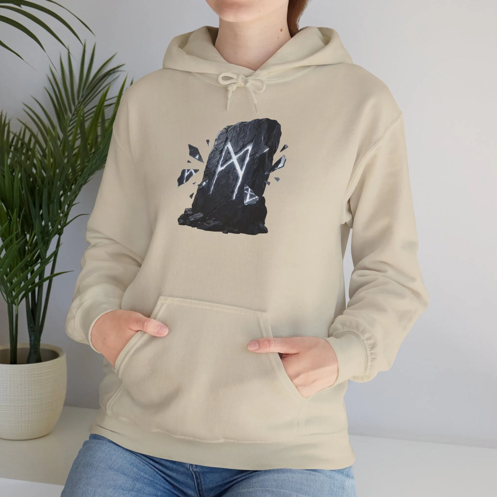 Mannaz Rune Humanity Reflection Hoodie - Heavyweight Fleece Pullover - Unisex White