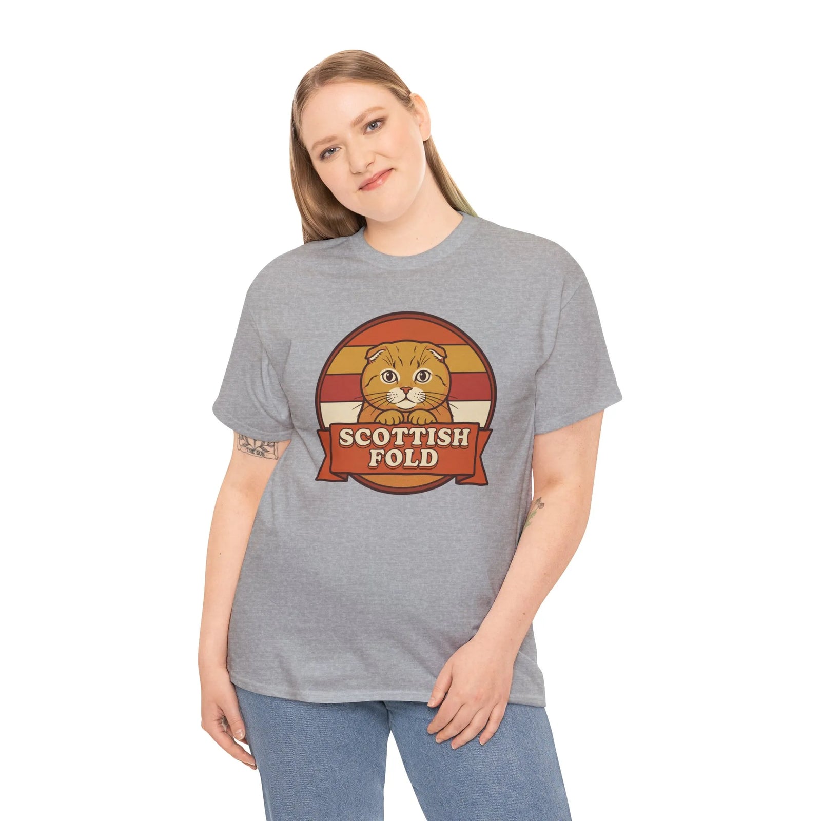 Scottish Fold Retro Sunset T-Shirt - Heavyweight Cotton Classic Fit - Unisex White