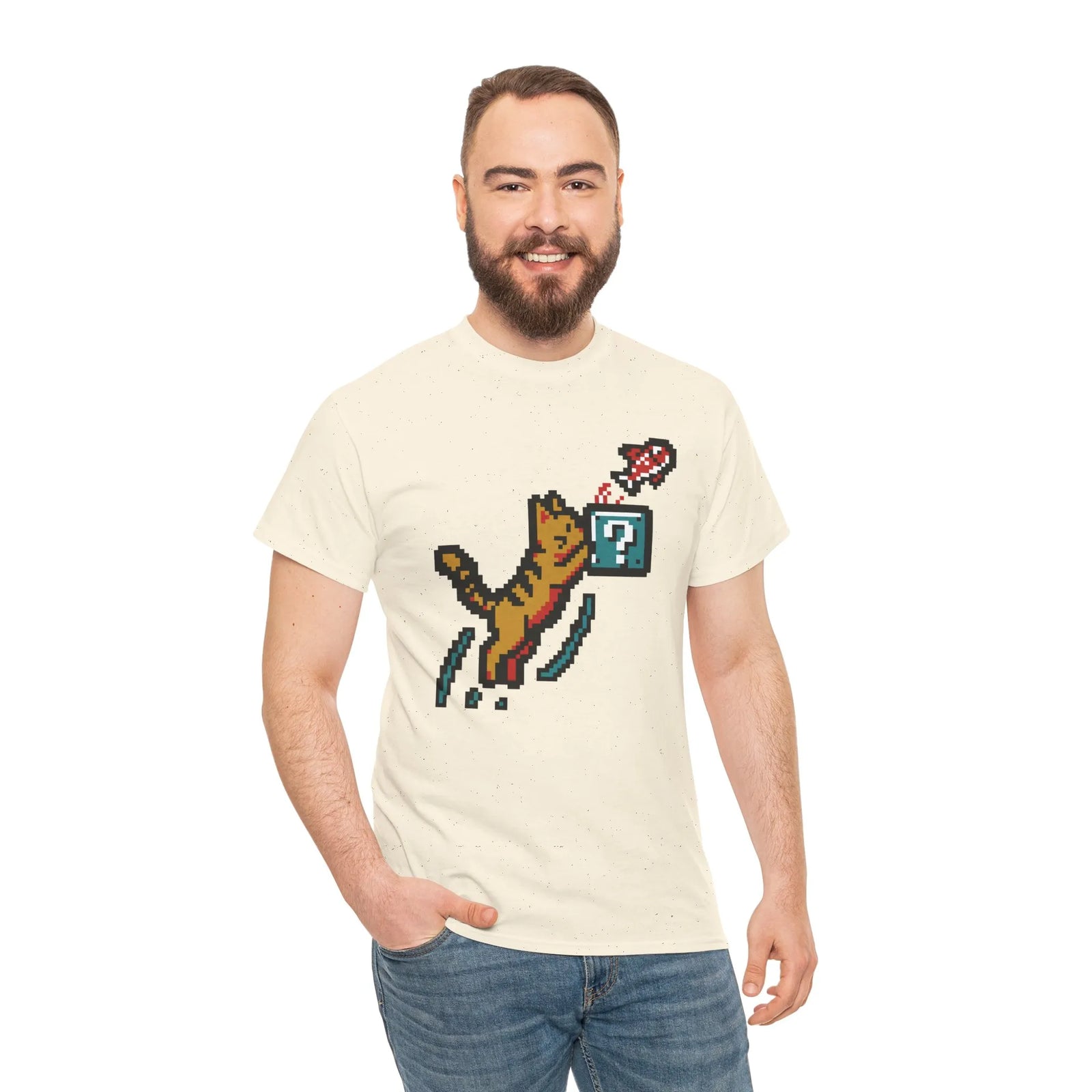 8-Bit Pixel Gaming Cats Graphic T-Shirt - Heavy Cotton Classic Fit Tee - Unisex White
