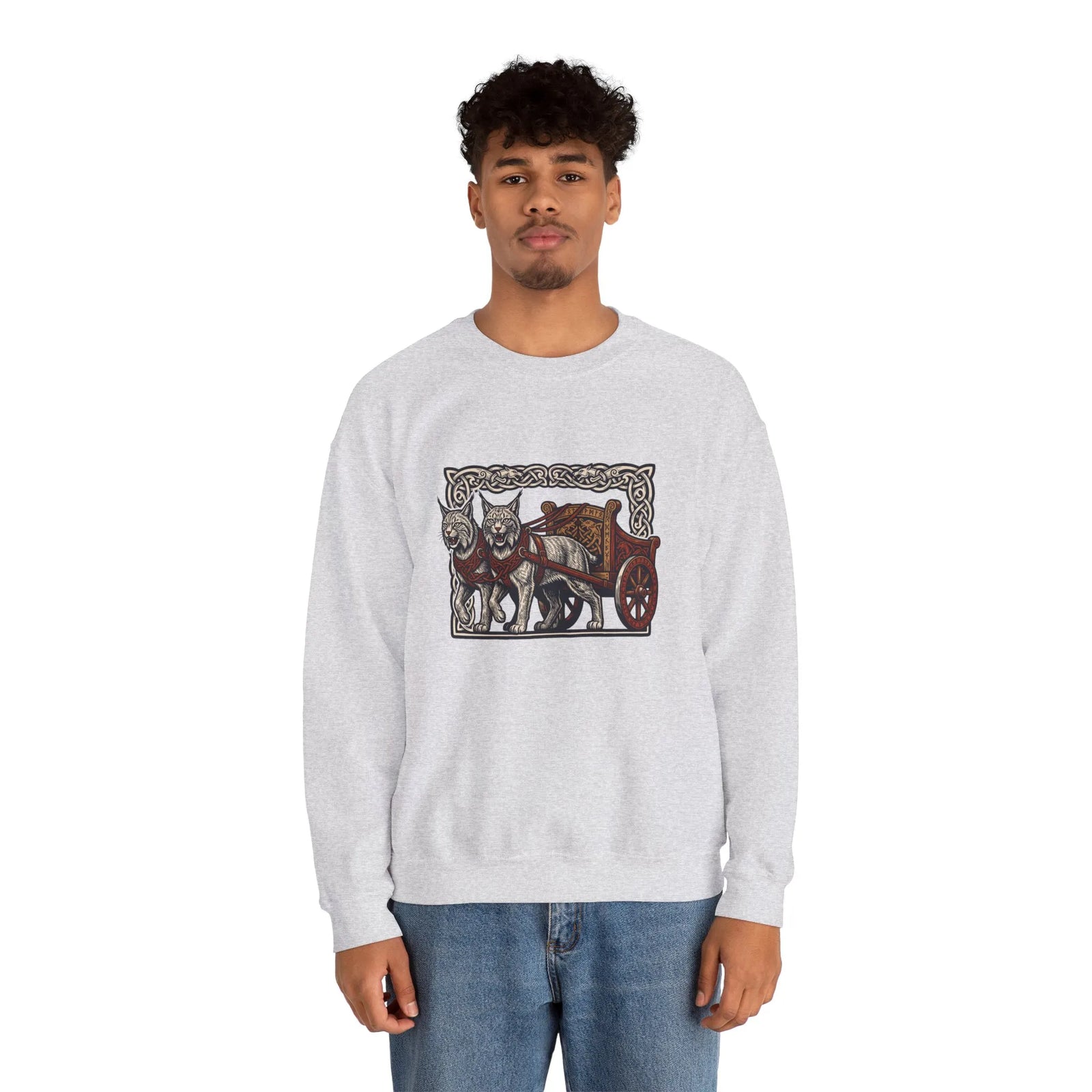 Freyja's Sacred Cats Norse Woodcut Sweatshirt - Heavy Blend Crewneck Fleece - Unisex White