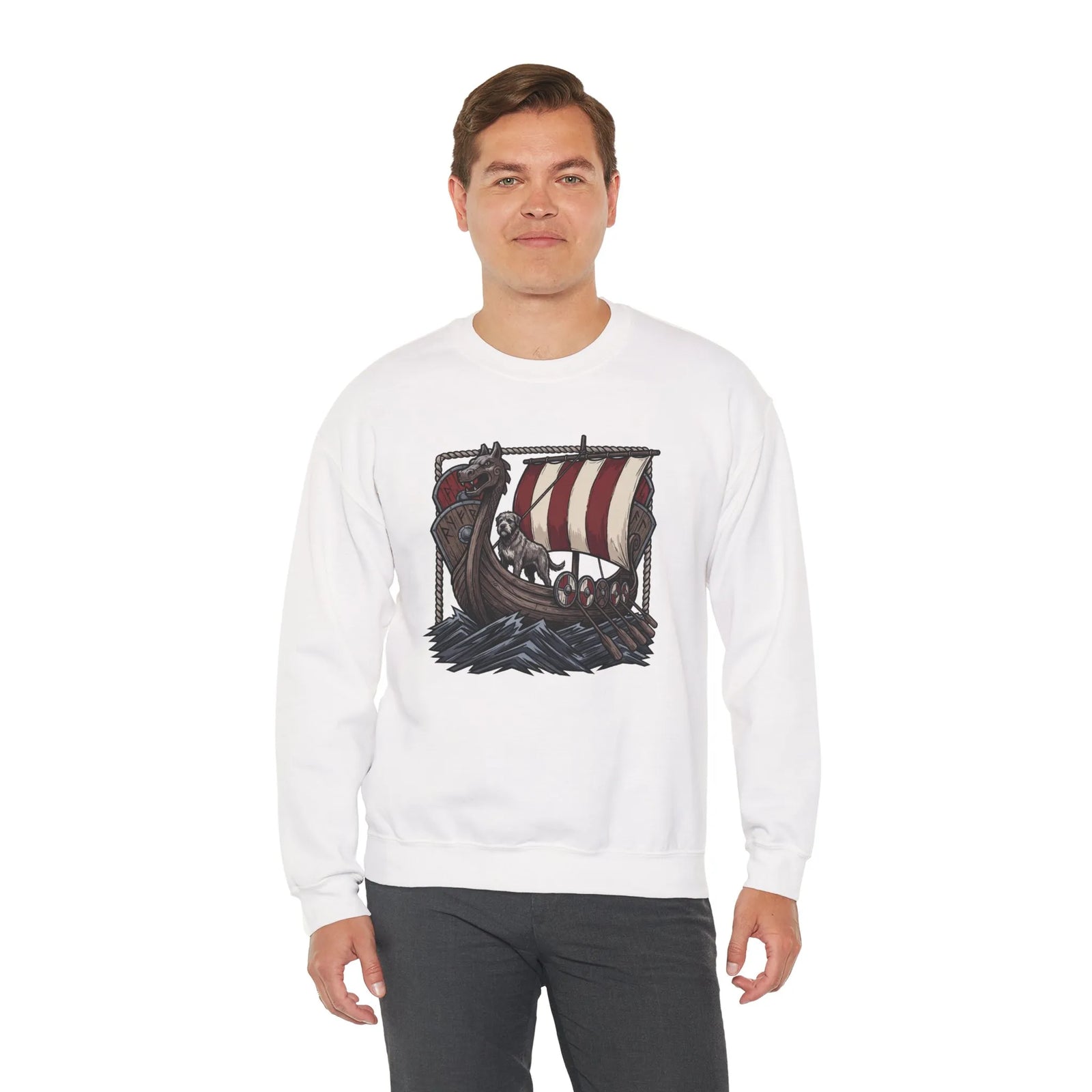 Viking Berserker Dogs Longship Prow Sweatshirt - Heavy Blend Cotton Poly Crewneck - Unisex White