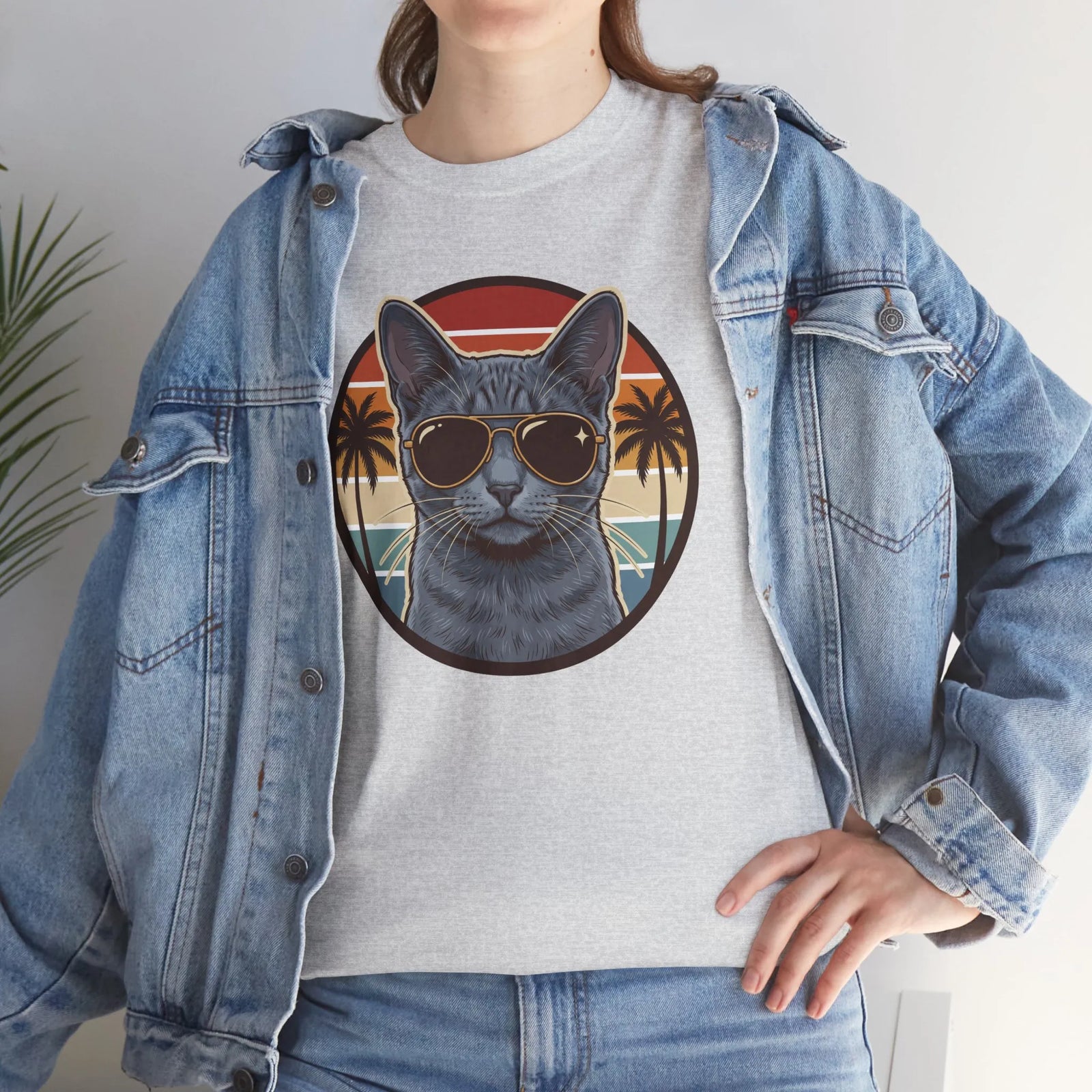 Russian Blue Cat Aviator T-Shirt - Heavy Cotton Classic Fit Tee - Unisex White