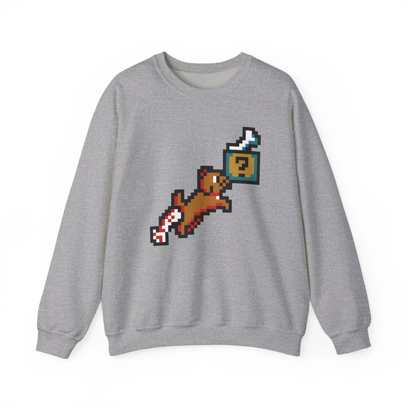 Fetch Quest 8-Bit Pixel Gaming Dog Sweatshirt - Heavy Blend Cotton Polyester Crewneck - Unisex White
