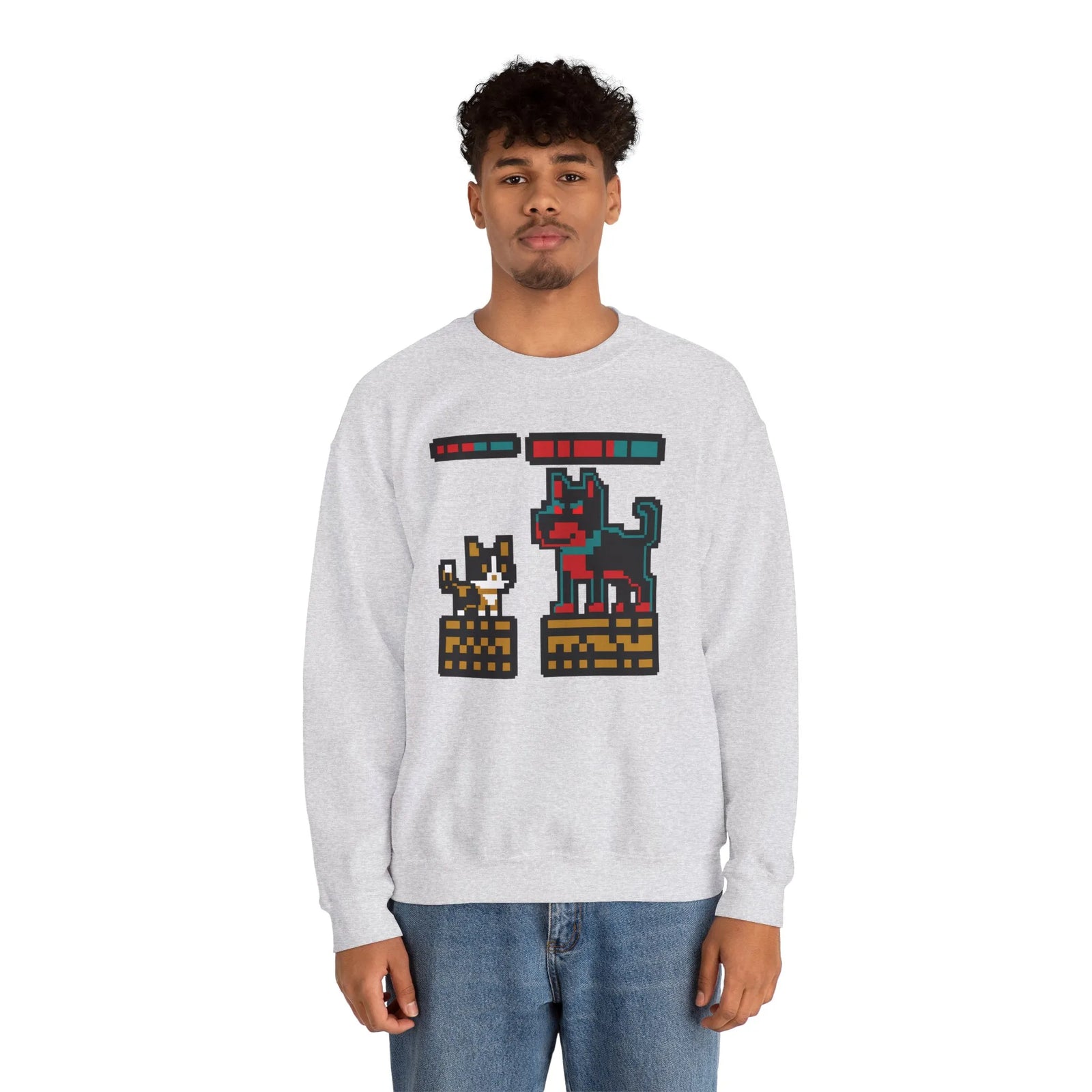 8-Bit Pixel Gaming Cats Boss Fight Sweatshirt - Heavyweight Cotton Blend Crewneck - Unisex Ash