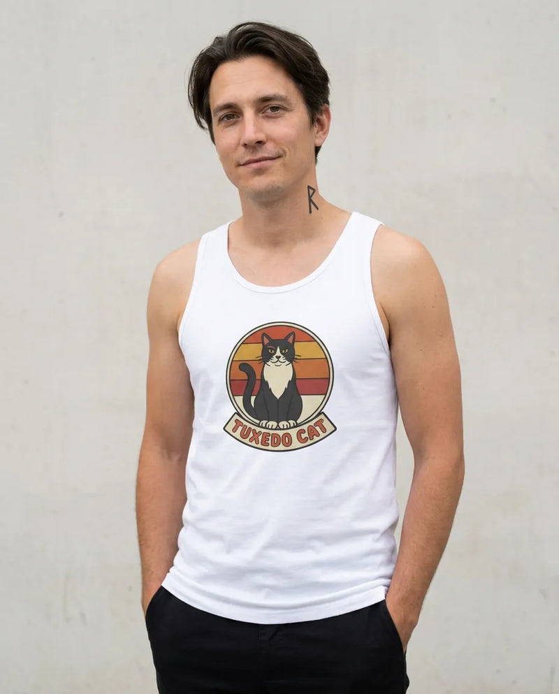 Tuxedo Cat Retro Sunset Tank Top - Lightweight Jersey Retail Fit - Unisex Athletic Heather