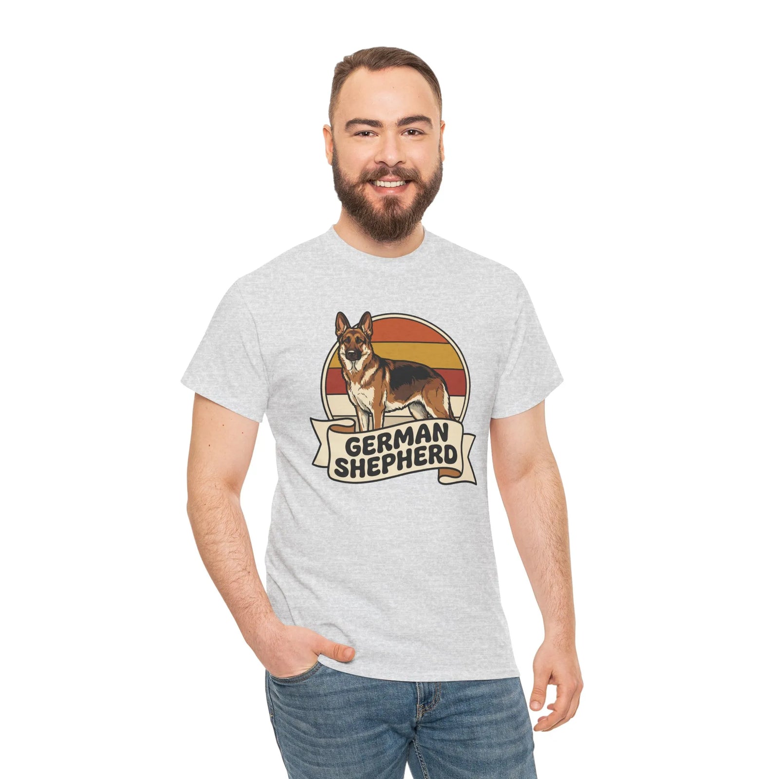 German Shepherd Retro 70s Sunset T-Shirt - Heavy Cotton Classic Fit Tee - Unisex White
