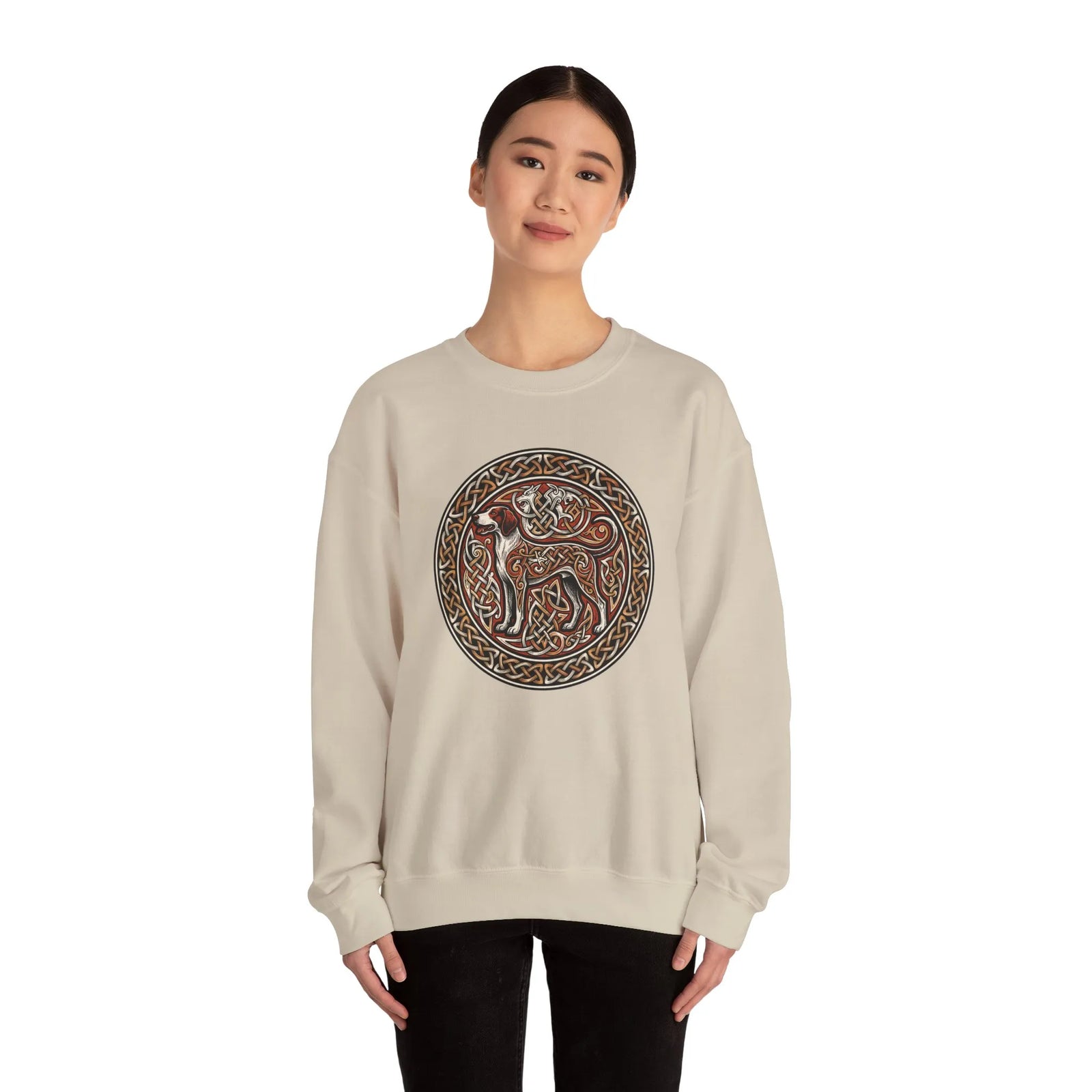 Norse Knotwork Hound Odin's Wolves Sweatshirt - Soft Durable Cotton Blend Crewneck - Unisex White