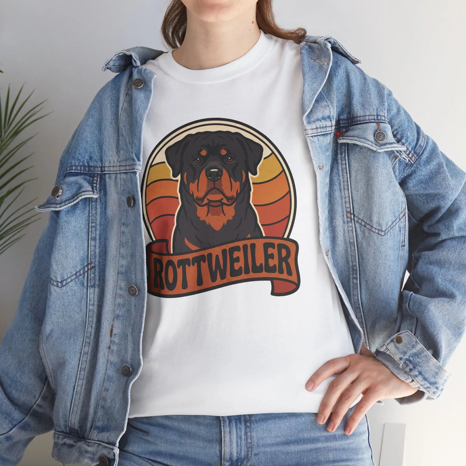 Retro 70s Sunset Rottweiler T-Shirt - Heavy Cotton Classic Fit Tee - Unisex Off White