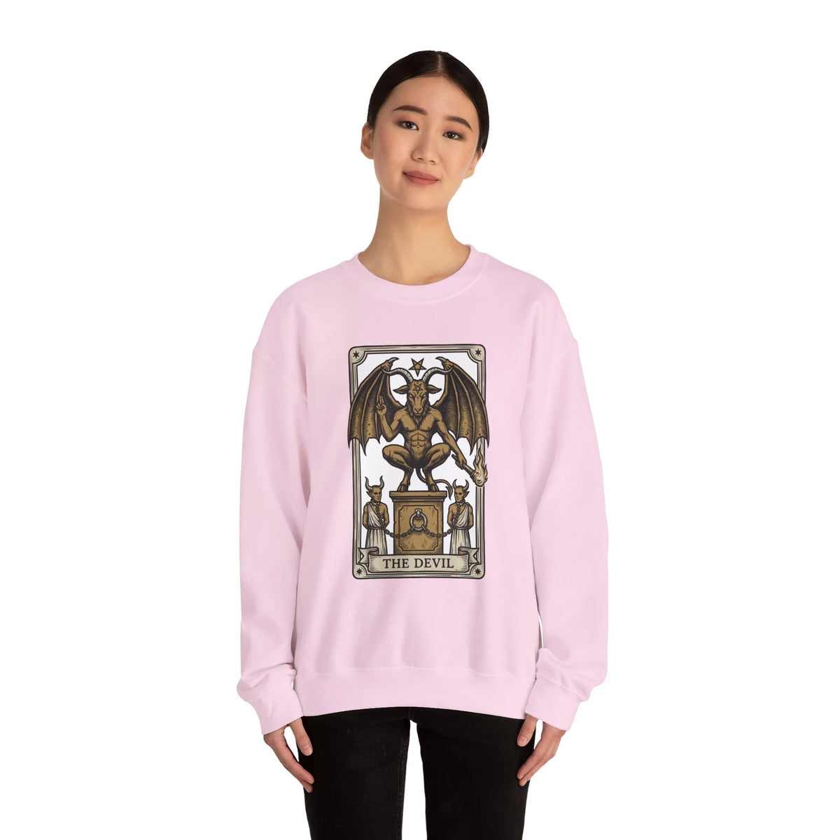 Devil Tarot Card Graphic Sweatshirt - Heavy Blend Fleece Crewneck - Unisex White