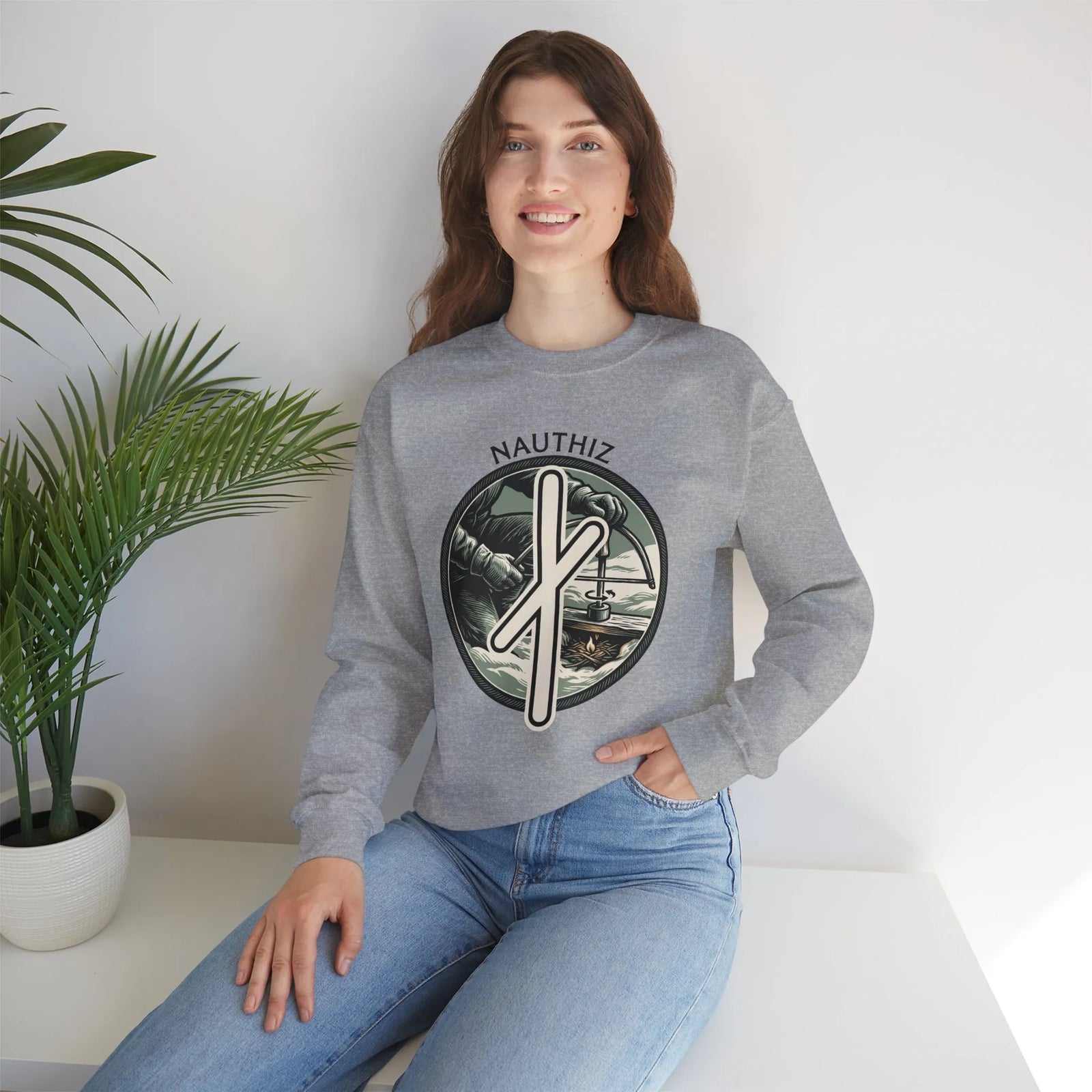 Nauthiz Rune Need-Fire Sweatshirt - Heavy Blend Fleece Crewneck - Unisex White