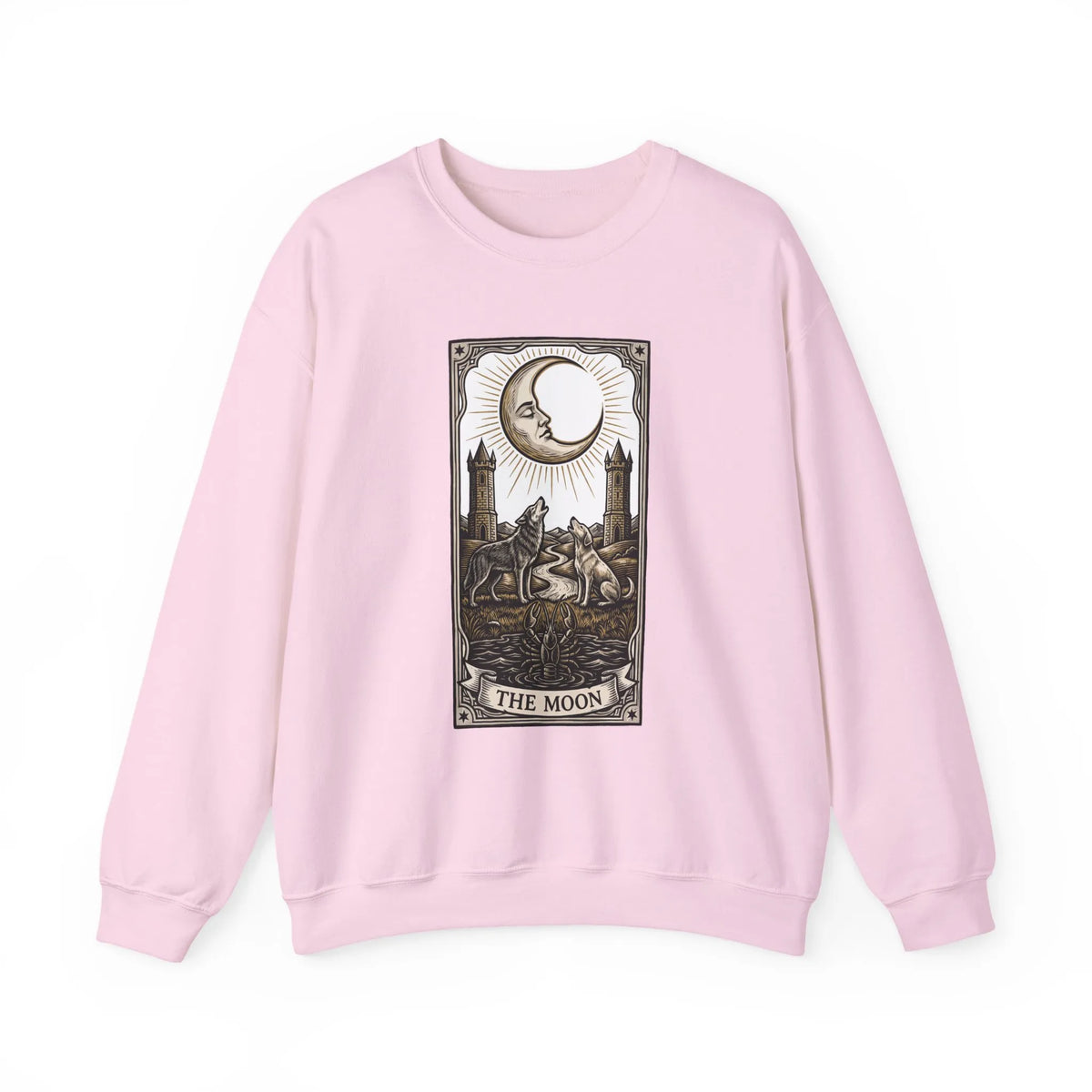 Moon Tarot Card Wolves Graphic Sweatshirt - Heavy Blend Fleece Crewneck - Unisex White