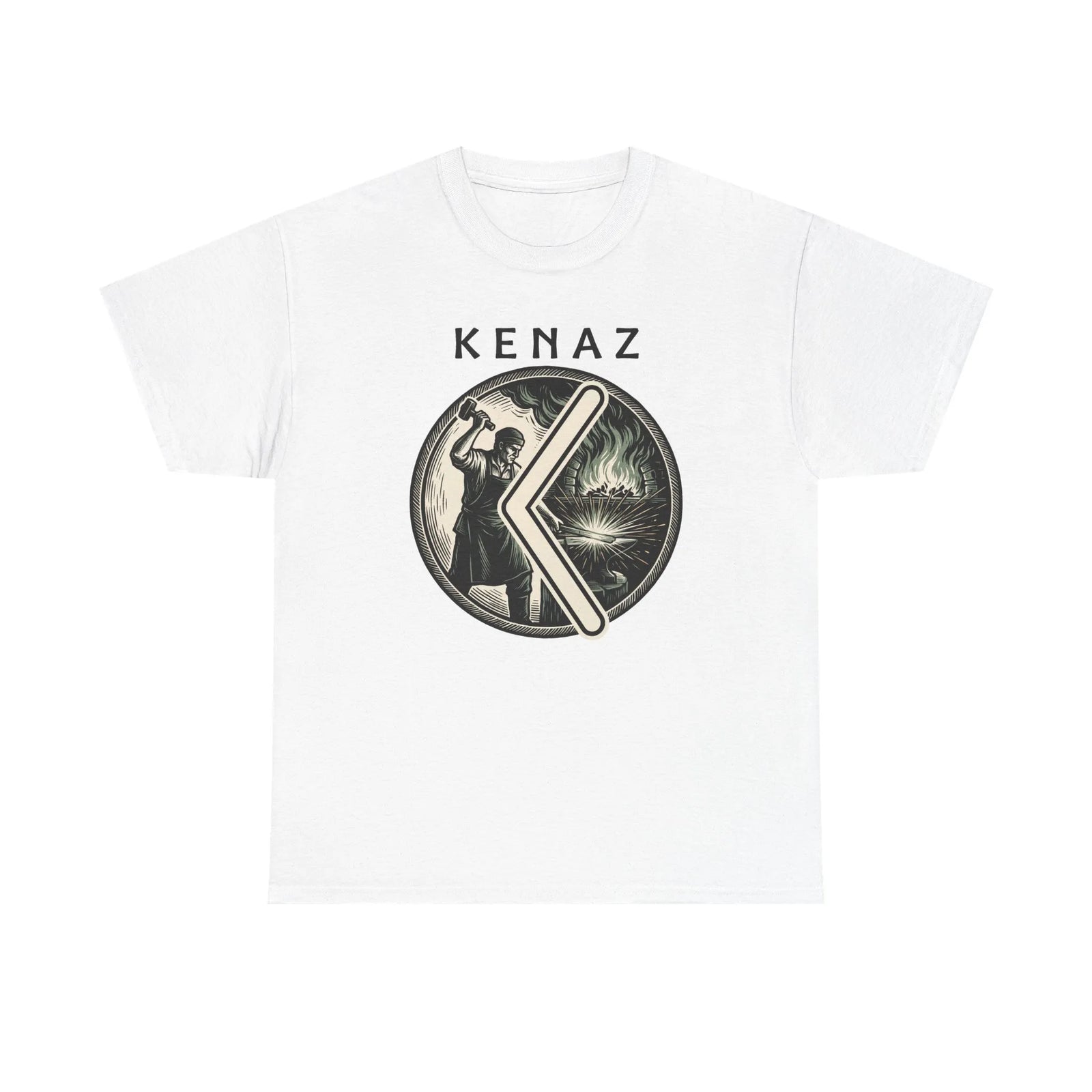 Kenaz Rune Forge Blacksmith T-Shirt - Heavyweight 100% Cotton Classic Fit Tee - Unisex White