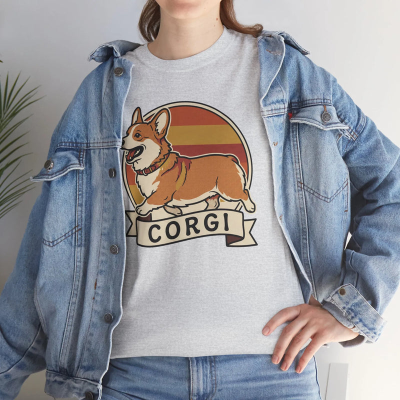 Corgi Retro 70s Sunset T-Shirt - Heavyweight Cotton Classic Fit Tee - Unisex White