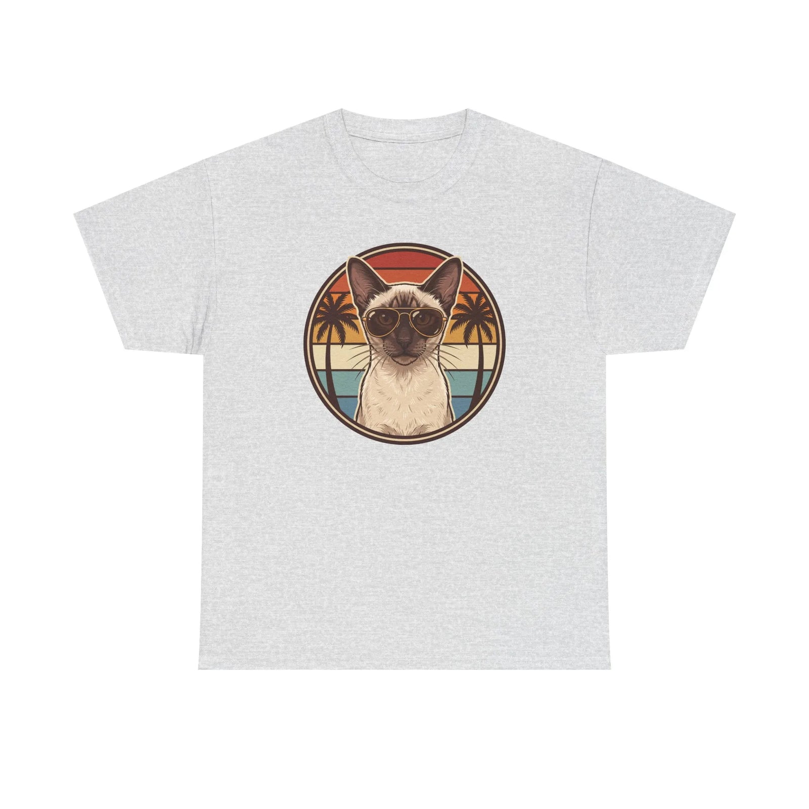70s Sunset Siamese Cat Aviator T-Shirt - Heavyweight Cotton Classic Fit Tee - Unisex White