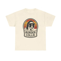 Border Collie Retro 70s Sunset T-Shirt - Heavy Cotton Classic Fit Tee - Unisex White